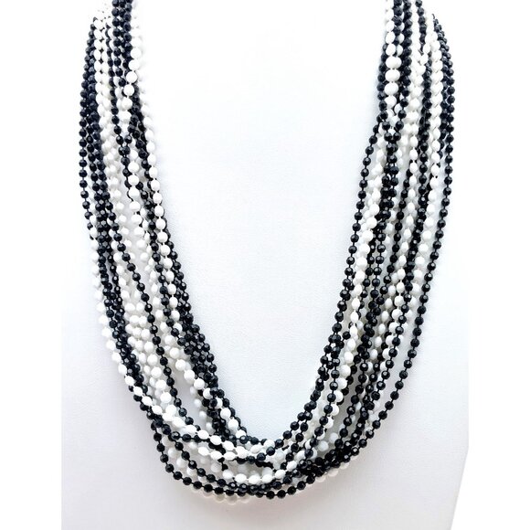 Vintage Plastic Eight Strand Necklace, Hong Kong Black and White Lightweight - Picture 4 of 4